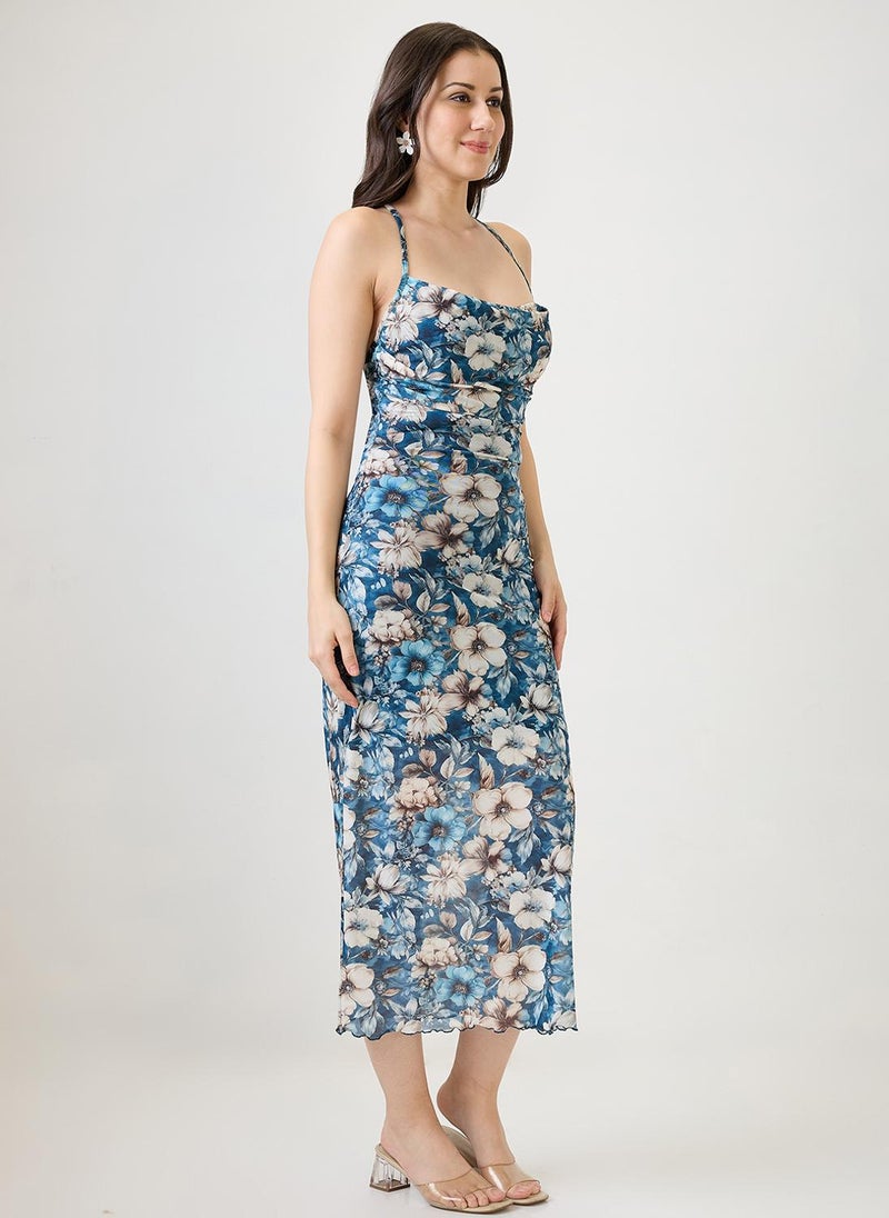 Globus Women Blue Floral Printed Cowl Neck Strappy Sleeves Back Tie-Up Ruched Midi Bodycon Party Dress - Image 3